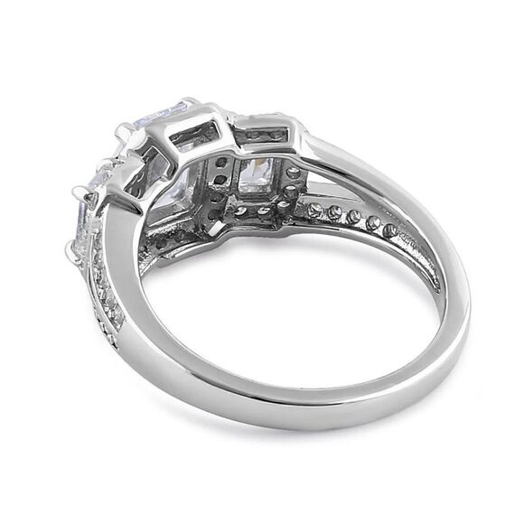 New Sterling Silver Triple Rectangular Halo Clear CZ Engagement Ring - Picture 4 of 4